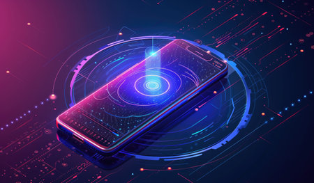 Smartphone with futuristic HUD interface on blue background. Vector illustration.の素材