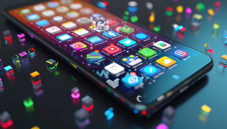 Smartphone with colorful application icons on black background. 3d illustrationの素材