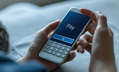 Woman using a smartphone with Pay button on the screen. Close upの素材