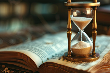 Hourglass and book on table in library, closeup. Time management conceptの素材