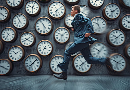 Businessman running in front of wall of clocks. Time management conceptの素材