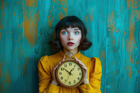 girl in a yellow raincoat with a clock on a blue backgroundの素材