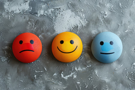 Emoticon with sad and happy faces on grey background, top viewの素材