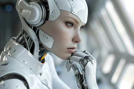 3d rendering humanoid robot or cyborg in a futuristic space stationの素材