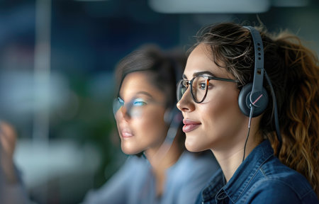 Portrait of a young woman with headset in a call center.の素材