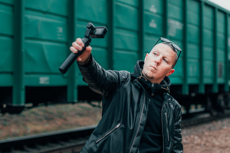Handsome Guy in Black Clothes and Sunglasses Making Selfie or Streaming Video Using Action Camera with Gimbal Camera Stabilizer at Railwayの写真素材