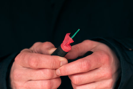 The Firecracker in a Hand. Man Holding a Black Petard in His Hand. A Human with a Pyrotechnics Outdoorsの写真素材