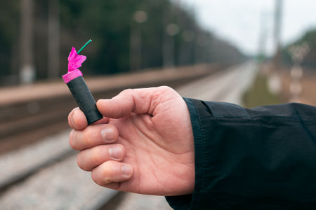 The Firecracker in a Hand. Man Holding a Black Petard in His Hand. A Human with a Pyrotechnics Outdoorsの写真素材