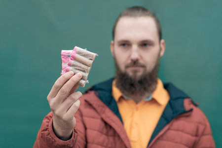 Serious Young Man Holding Firecrackers in his Hand. Bearded Guy Getting Ready for New Year Funの写真素材