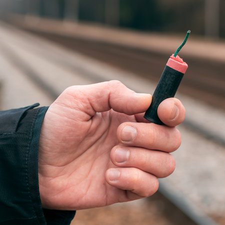 The Firecracker in a Hand. Man Holding a Black Petard in His Hand. A Human with a Pyrotechnics...