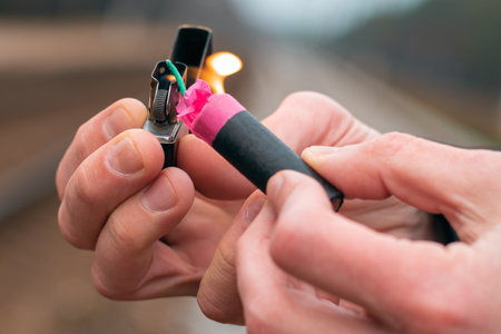 Setting Fire to the Firecracker. Man in Black Clothes Lighting Up the Petard. Firing Up the Pyrotechnics with a Black Gasoline Lighter Outdoorsの写真素材