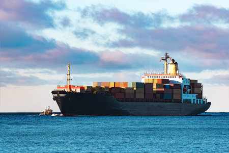Modern black container ship moving from Baltic seaの写真素材