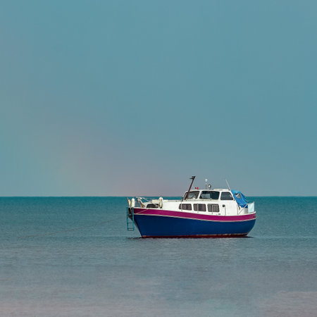 Small blue passenger ship moored at Baltic sea bayの写真素材