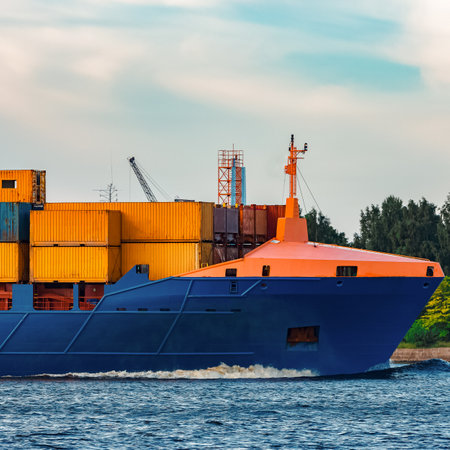 Blue container ship. Global logistics and merchandise transferの写真素材