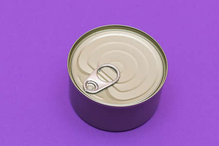 Unopened Tin Can with Blank Edge on Violet Background. Canned Food. Aluminum Can for Safe and Long...