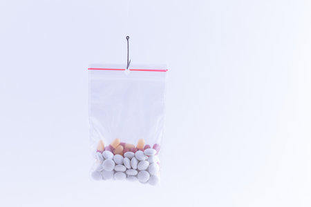 The Pharmaceutical Trap and Drug Addiction - Colored Pills or Tablets Hanging in Small Ziplock Bag on a Fishing Hook Against the White Backgroundの写真素材