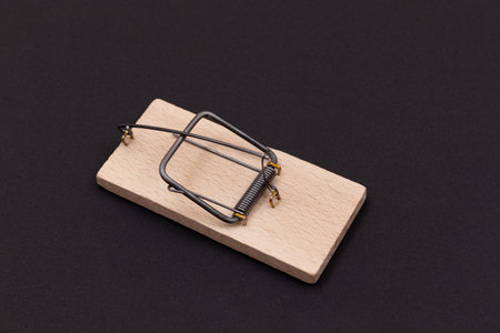 Wooden Mouse Trap. Empty Loaded Mousetrap on Black Background