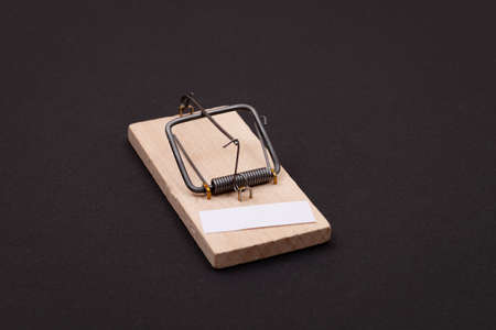 Blank White Sheet of Paper in Wooden Mousetrap - Template. Small Memo Paper in Mouse Trap on Black Backgroundの写真素材