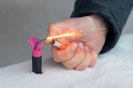 Guy Sets Fire to the Flash Noise Firecracker Outdoors in Winter at Daytime. Loud and Dangerous New...
