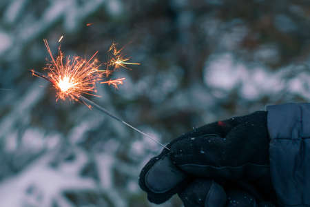 Burning Sparklers in a Hand Outdoors in Winter in Evening. New Year Celebration Partyの写真素材