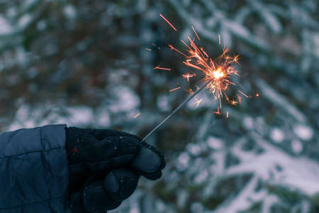 Burning Sparklers in a Hand Outdoors in Winter in Evening. New Year Celebration Partyの写真素材