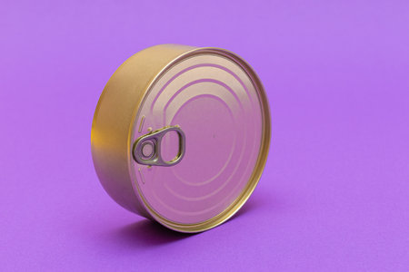 Unopened Tin Can with Blank Edge on Violet Background. Canned Food. Aluminum Can for Safe and Long Term Storage of Food. Steel Sealed Food Storage Containerの写真素材