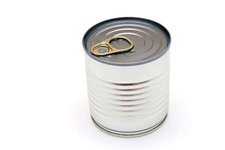 Unopened Tin Can with Blank Edge on White Background. Canned Food. Aluminum Can for Safe and Long Term Storage of Food. Steel Sealed Food Storage Containerの写真素材