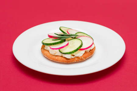 Crispy Cracker Sandwich with Cream Cheese, Fresh Cucumber and Radish on White Plateの写真素材