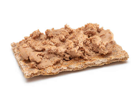 Crispy Sandwich with Chicken Pate Isolated on White Background. Whole Grain Bread with Liver Pate. Diet Breakfast and Healthy Foodの写真素材