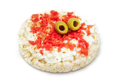 Rice Cake Sandwich with Bell Pepper, Cottage Cheese and Olives - Isolated on White. Easy Breakfast. Quick and Healthy Sandwiches. Crispbread with Tasty Filling. Healthy Dietary Snack - Isolationの写真素材
