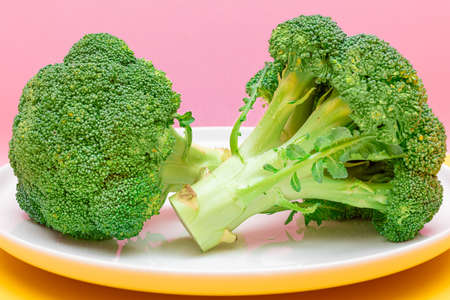 Two Fresh and Raw Pieces of Broccoli on White Plate. Uncooked Green Cabbage. Vegan and Vegetarian Culture. Raw Food. Healthy Eating and Vegetable Dietの写真素材