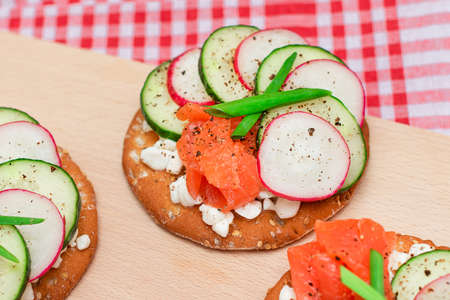 Crispy Cracker Sandwiches with Fresh Salmon, Cucumber, Radish, Cottage Cheese and Green Onions. Easy...