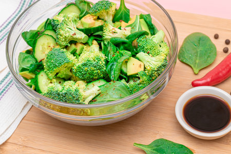 Fresh Green Salad of Avocado, Broccoli, Spinach and Cucumber with Soy Sauce and Red Hot Pepper on Wooden Cutting Board. Vegan Salad. Vegetarian Culture. Raw Food. Healthy Eating and Vegetable Dietの写真素材