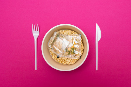 Opened Package with Uncooked Instant Noodles on Pink Background. Raw Pasta. Dry Asian Fast Food....