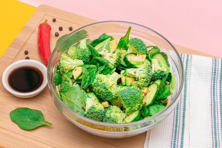 Fresh Green Salad of Avocado, Broccoli, Spinach and Cucumber with Soy Sauce and Red Hot Pepper on Wooden Cutting Board. Vegan Salad. Vegetarian Culture. Raw Food. Healthy Eating and Vegetable Dietの写真素材