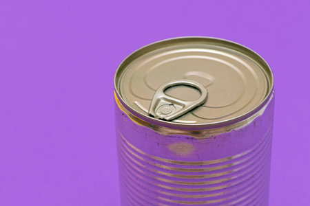 Unopened Tin Can with Blank Edge on Violet Background. Canned Food. Aluminum Can for Safe and Long Term Storage of Food. Steel Sealed Food Storage Containerの写真素材