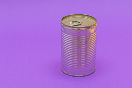 Unopened Tin Can with Blank Edge on Violet Background. Canned Food. Aluminum Can for Safe and Long Term Storage of Food. Steel Sealed Food Storage Containerの写真素材