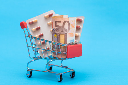 Buying Medicines. Drug Addiction Concept: Pills and Capsules in Shopping Cart on Blue Background. Global Pharmaceutical Industry and Big Pharma. Ordering Pharmaceutical Productsの写真素材