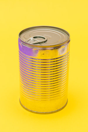 Unopened Tin Can with Blank Edge on Yellow Background. Canned Food. Aluminum Can for Safe and Long Term Storage of Food. Steel Sealed Food Storage Containerの写真素材