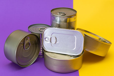 A Group of Stacked Tin Cans with Blank Edges on Split Yellow and Violet Background. Canned Food. Different Aluminum Cans for Safe and Long Term Storage of Food. Steel Sealed Food Storage Containersの写真素材