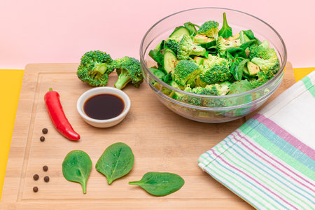 Fresh Green Salad of Avocado, Broccoli, Spinach and Cucumber with Soy Sauce and Red Hot Pepper on Wooden Cutting Board. Vegan Salad. Vegetarian Culture. Raw Food. Healthy Eating and Vegetable Dietの写真素材