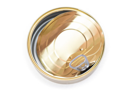 Opened Empty Tin Can With Broken Cover Isolated on White Background. Clean Used Aluminum Can - Isolation. Non-Degradable Inorganic Wasteの写真素材