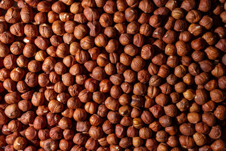 Scattered Peeled Hazelnut - Top View. Background from Hazelnuts. Natural High-Calorie Snacksの写真素材