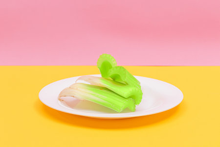 Fresh Chopped Celery Sticks on White Dish. Vegan and Vegetarian Culture. Raw Food. Healthy Diet with Negative Calorie Contentの写真素材