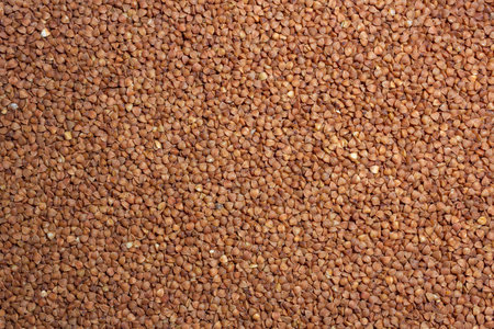 Dry Uncooked Brown Buckwheat Groats Background - Top View, Flat Lay. Raw Large Buckwheat Grains. Russian, Ukrainian and Belarusian Cultureの写真素材