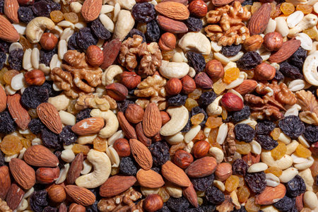 Mixed Nuts: Almonds, Walnuts, Cashews, Peanuts, Hazelnuts, Dried Prunes and Raisins. Different Nut Mix. Background from Various Nuts and Dried Fruitsの写真素材