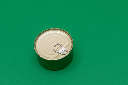 Unopened Tin Can with Blank Edge on Green Background. Canned Food. Aluminum Can for Safe and Long...