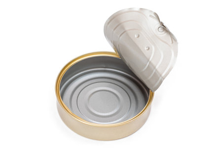 Opened Empty Tin Can Isolated on White Background. Clean Used Aluminum Can - Isolation....