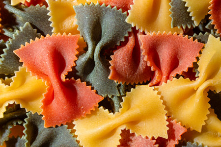 Uncooked Vibrant Colored Farfalle Pasta: A Culinary Canvas of Multicolored Bow-Tie Macaroni, Creating a Lively and Textured Background for Gourmet Cooking Enthusiasts. Colored Dry Pasta. Raw Macaroniの写真素材