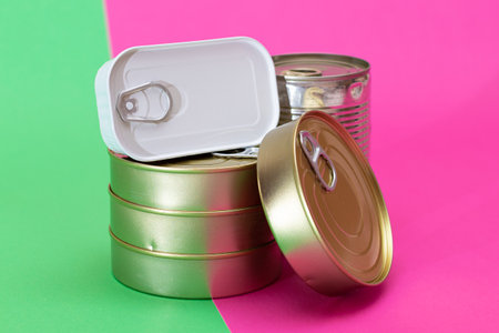 A Group of Stacked Tin Cans on Split Green and Cyan Background. Canned Food. Aluminum Cans for Safe...